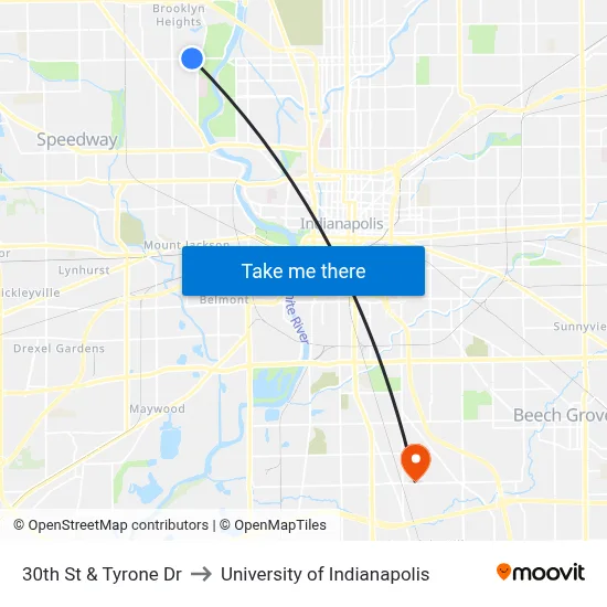 30th St & Tyrone Dr to University of Indianapolis map