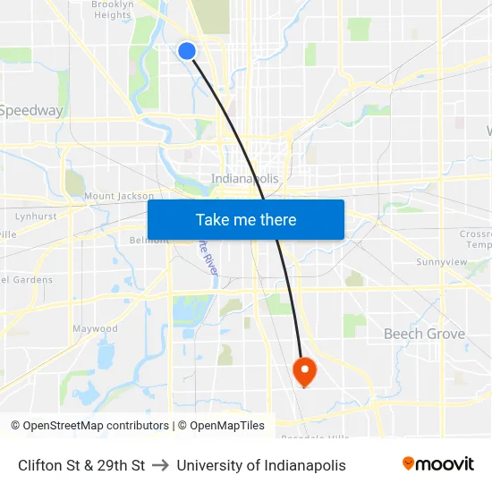 Clifton St & 29th St to University of Indianapolis map