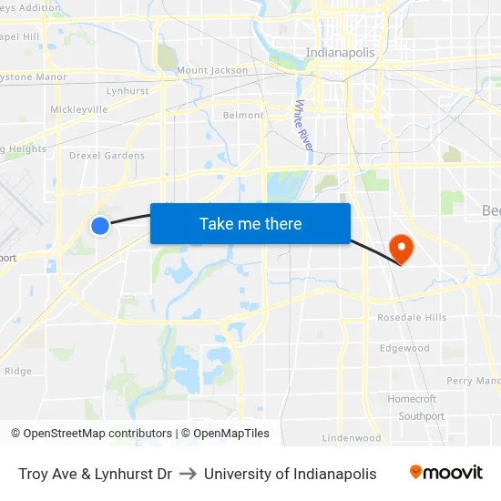 Troy Ave & Lynhurst Dr to University of Indianapolis map