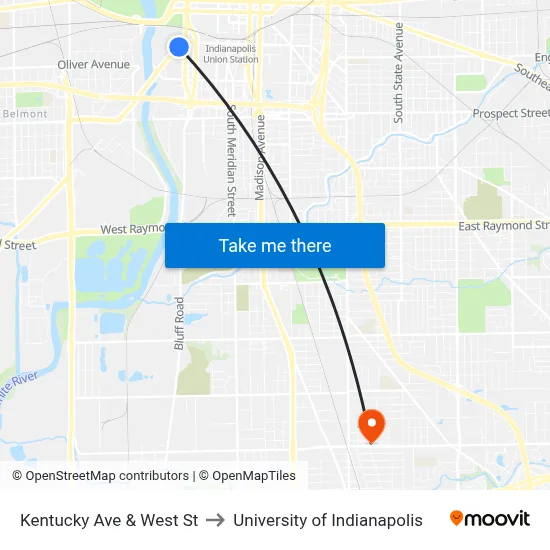 Kentucky Ave & West St to University of Indianapolis map
