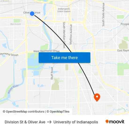 Division St & Oliver Ave to University of Indianapolis map