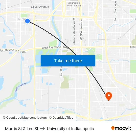 Morris St & Lee St to University of Indianapolis map