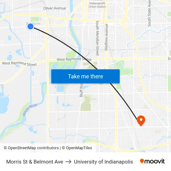 Morris St & Belmont Ave to University of Indianapolis map