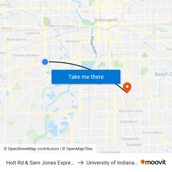 Holt Rd & Sam Jones Expressway to University of Indianapolis map