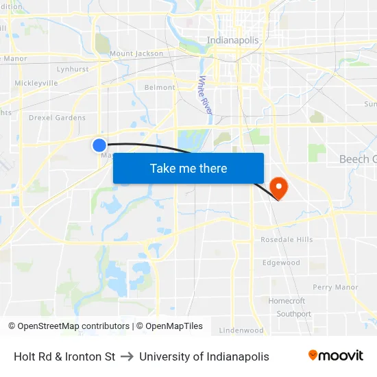 Holt Rd & Ironton St to University of Indianapolis map