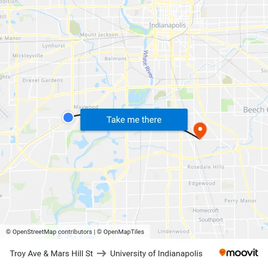 Troy Ave & Mars Hill St to University of Indianapolis map