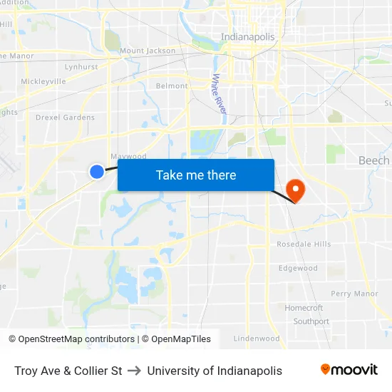 Troy Ave & Collier St to University of Indianapolis map