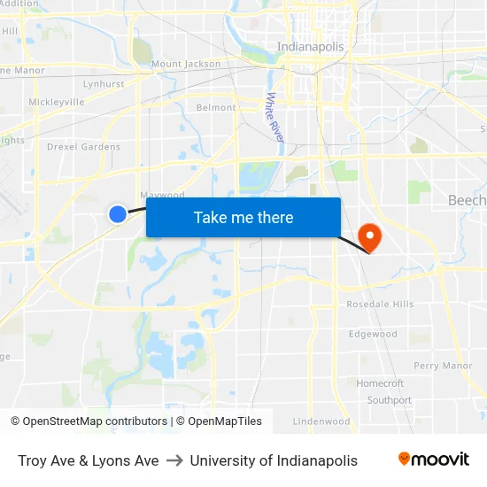 Troy Ave & Lyons Ave to University of Indianapolis map