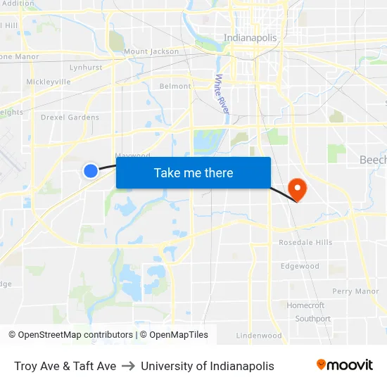 Troy Ave & Taft Ave to University of Indianapolis map