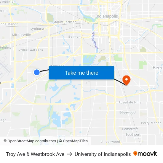 Troy Ave & Westbrook Ave to University of Indianapolis map