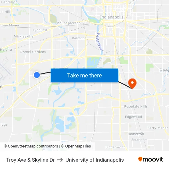 Troy Ave & Skyline Dr to University of Indianapolis map
