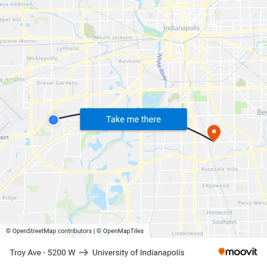 Troy Ave - 5200 W to University of Indianapolis map