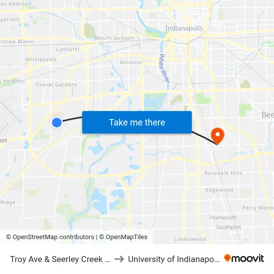 Troy Ave & Seerley Creek Dr to University of Indianapolis map