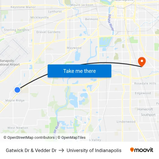 Gatwick Dr & Vedder Dr to University of Indianapolis map