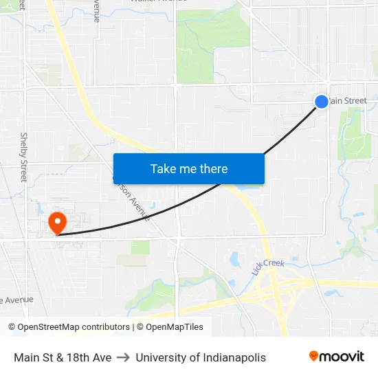 Main St & 18th Ave to University of Indianapolis map