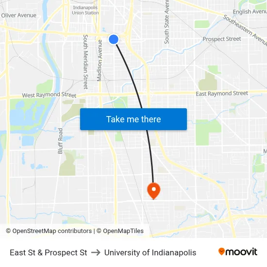 East St & Prospect St to University of Indianapolis map