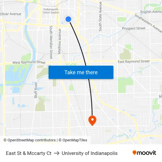 East St & Mccarty Ct to University of Indianapolis map