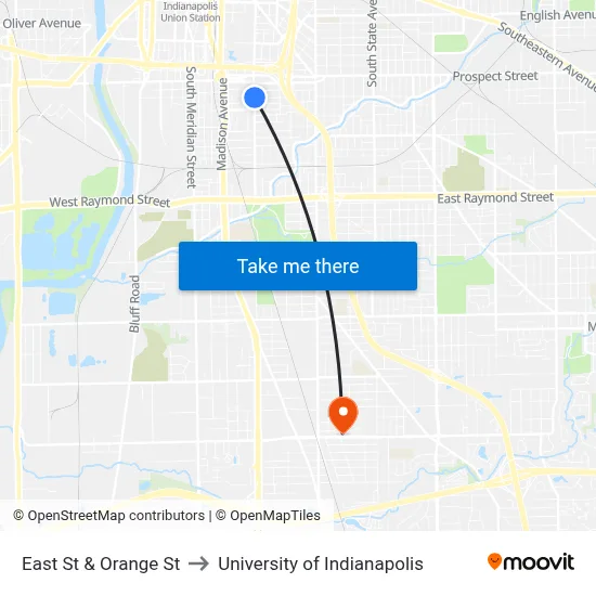 East St & Orange St to University of Indianapolis map