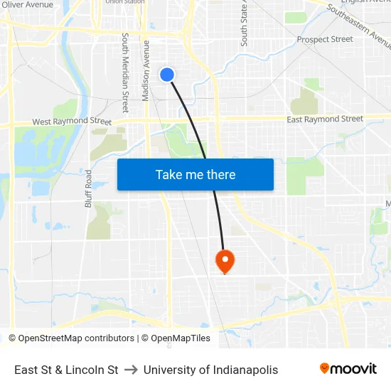 East St & Lincoln St to University of Indianapolis map