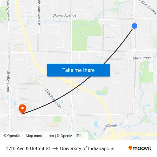 17th Ave & Detroit St to University of Indianapolis map