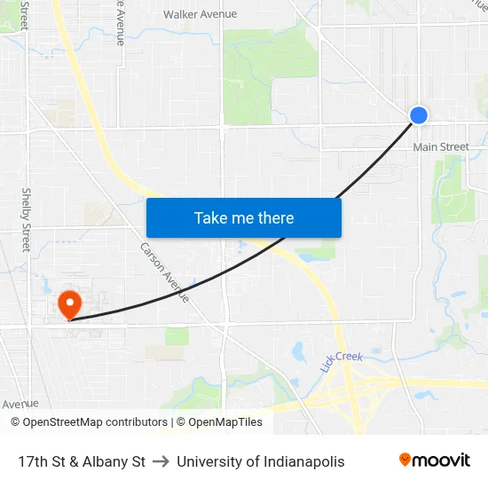 17th St & Albany St to University of Indianapolis map