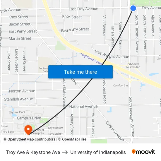 Troy Ave & Keystone Ave to University of Indianapolis map