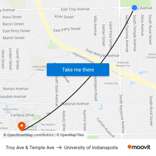 Troy Ave & Temple Ave to University of Indianapolis map