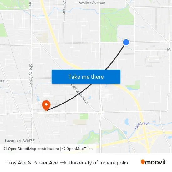 Troy Ave & Parker Ave to University of Indianapolis map