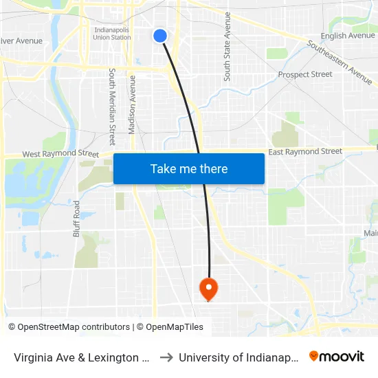 Virginia Ave & Lexington Ave to University of Indianapolis map