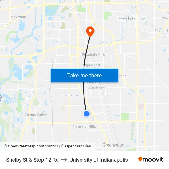 Shelby St & Stop 12 Rd to University of Indianapolis map