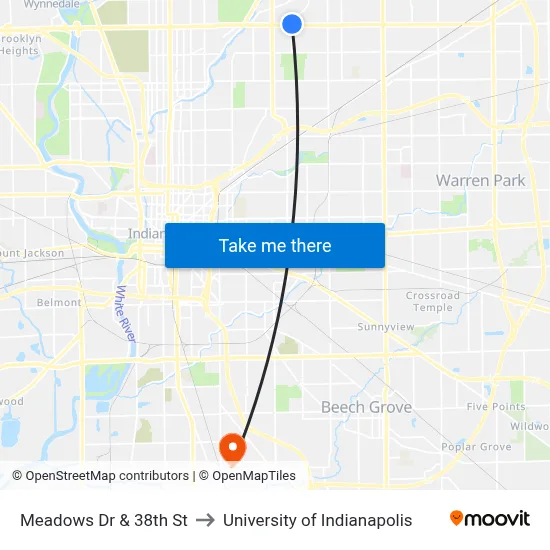 Meadows Dr & 38th St to University of Indianapolis map