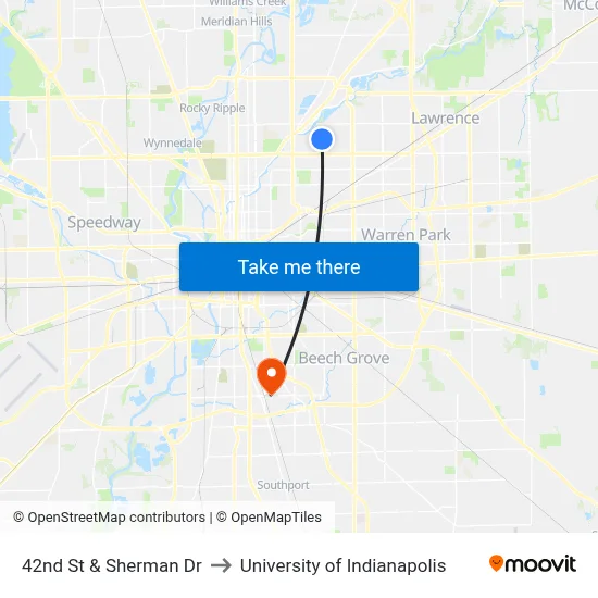 42nd St & Sherman Dr to University of Indianapolis map