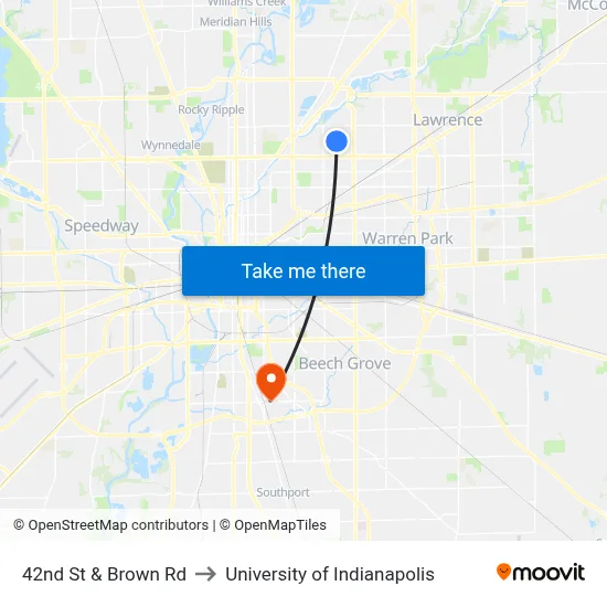 42nd St & Brown Rd to University of Indianapolis map