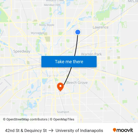 42nd St & Dequincy St to University of Indianapolis map