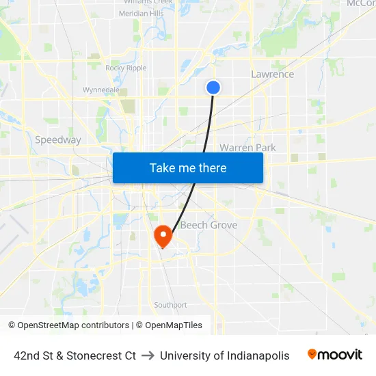 42nd St & Stonecrest Ct to University of Indianapolis map