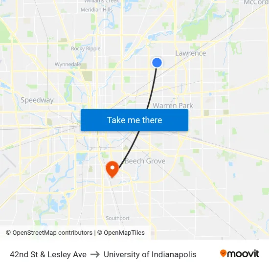 42nd St & Lesley Ave to University of Indianapolis map