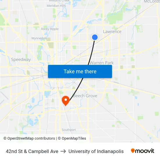 42nd St & Campbell Ave to University of Indianapolis map