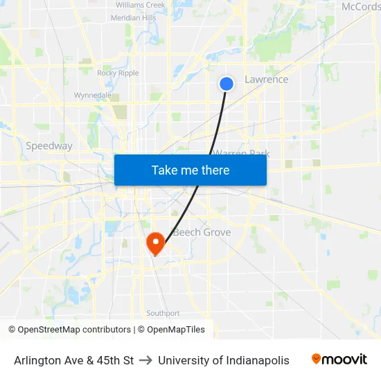 Arlington Ave & 45th St to University of Indianapolis map