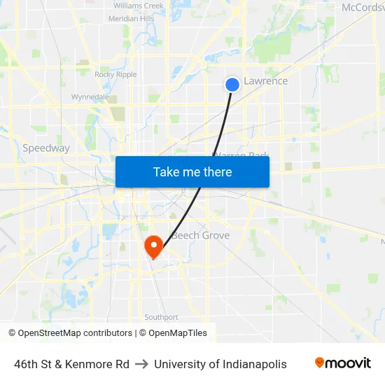 46th St & Kenmore Rd to University of Indianapolis map