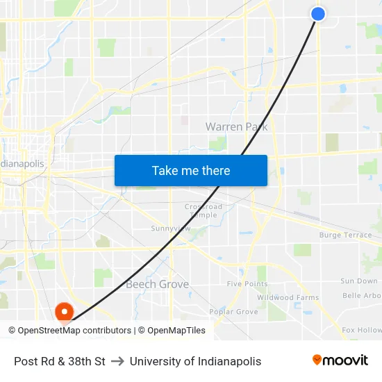 Post Rd & 38th St to University of Indianapolis map