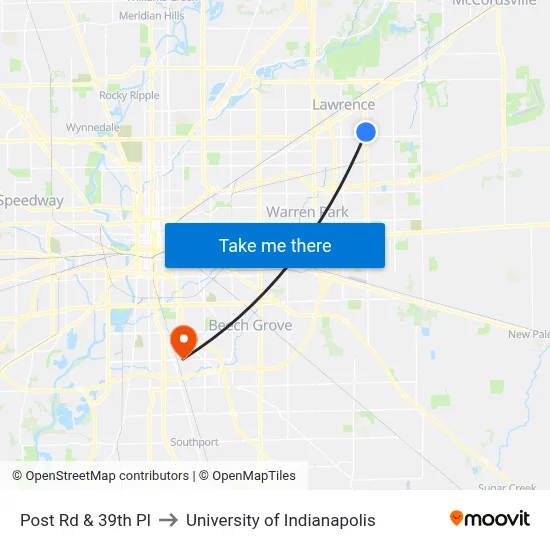 Post Rd & 39th Pl to University of Indianapolis map