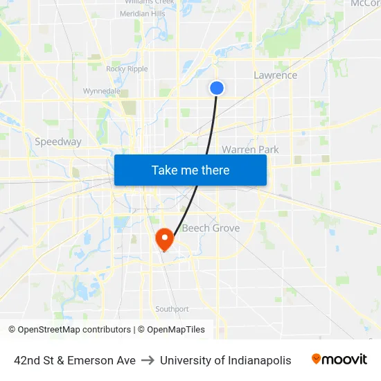 42nd St & Emerson Ave to University of Indianapolis map