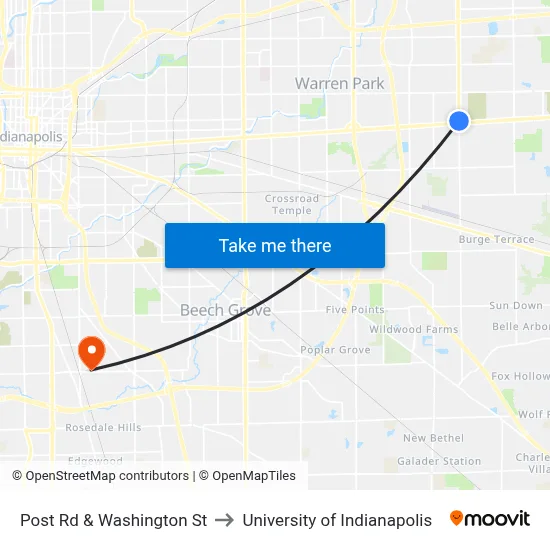 Post Rd & Washington St to University of Indianapolis map