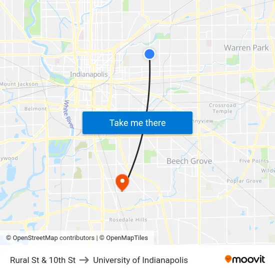 Rural St & 10th St to University of Indianapolis map