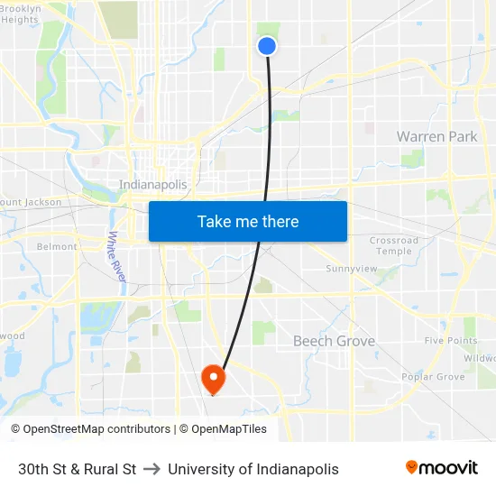30th St & Rural St to University of Indianapolis map
