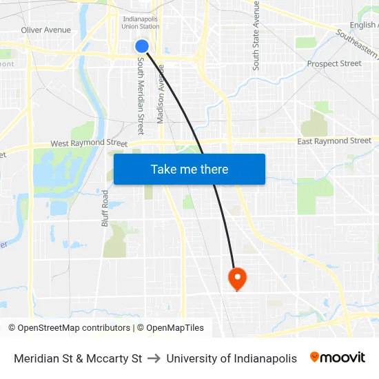 Meridian St & Mccarty St to University of Indianapolis map