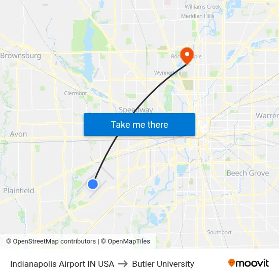 Indianapolis Airport IN USA to Butler University map