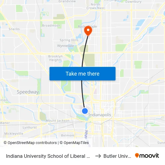 Indiana University School of Liberal Arts at IUPUI to Butler University map