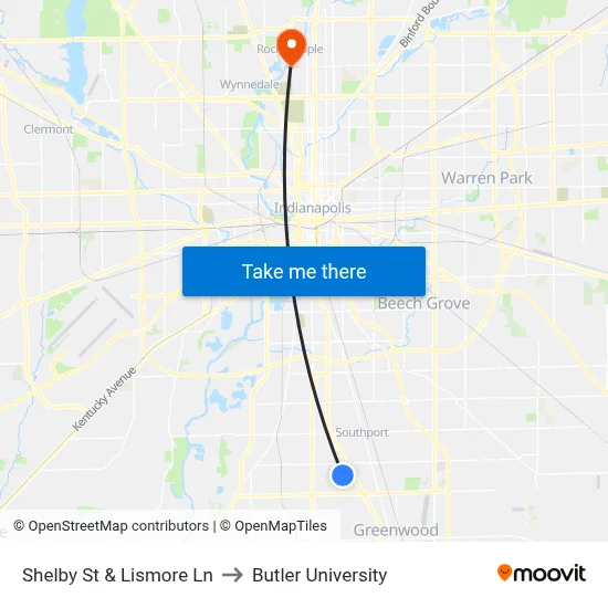 Shelby St & Lismore Ln to Butler University map