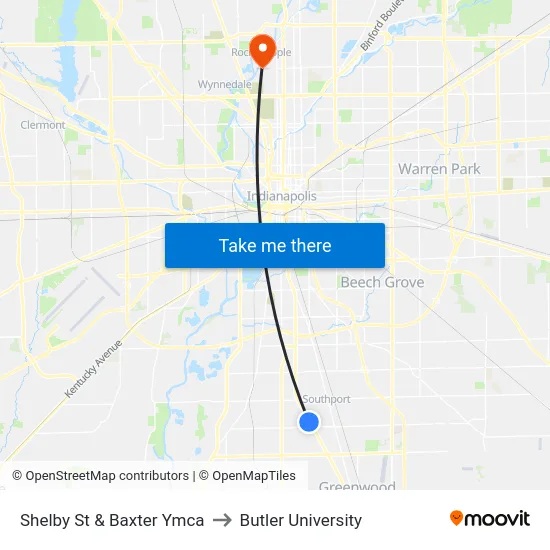 Shelby St & Baxter Ymca to Butler University map
